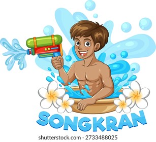 Cartoon vector illustration of a man playing with water during the Thai Songkran festival celebration