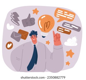 Ilustración vectorial de dibujos animados del dedo señalador del hombre, señalando el dedo hacia el espacio