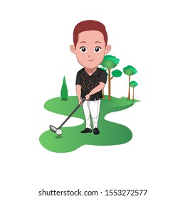 
cartoon vector illustration of a man posing for a sport of golf ready to hit a golf ball. Isolated on white background.