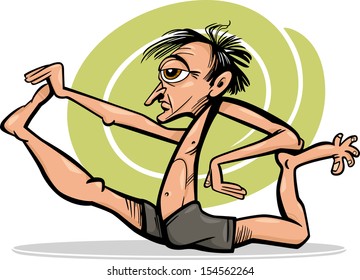 Cartoon Vector Illustration of Man Practicing Yoga Position or Asana