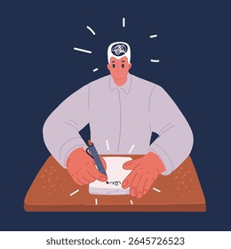 Ilustração do vetor de desenhos animados do homem em problemas. Ele tem nós desamarrados em sua mente. Ele escreve seu pensamento sobre o fundo escuro