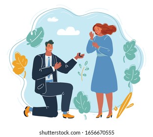 Cartoon vector illustration of man proposes marriage to a woman stay on his knee.