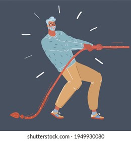 Cartoon vector illustration of man pulling a rope tug of war, isolated dark background