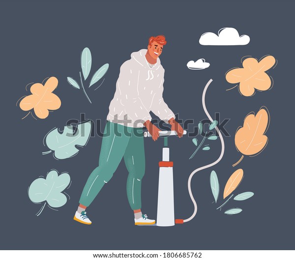 Cartoon vector illustration of man pumping\
with air pumper pressure. Pump it up\
concept.