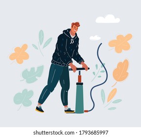 Cartoon vector illustration of The man pumps up with pumper.