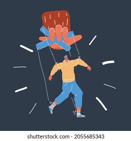 Cartoon, Vektorgrafik von Mann Marionette Marionette in einer Riesenhand. Steuerung und Manipulation von Konzepten auf dunklem Hintergrund.