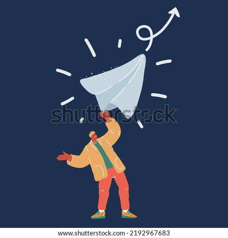 Cartoon vector illustration of man push big paperplane over dark backround
