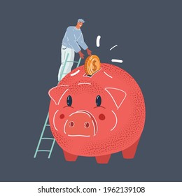 Cartoon vector illustration of man put big coin in giant red piggy bank on dark backround.