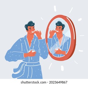 Cartoon vector illustration of Man put on his Face cream looking at the mirror on white backround.