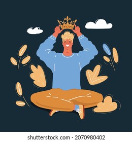 Cartoon vector illustration of man put crown on his head on dark background.