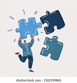Cartoon vector illustration of man put together part of puzzles