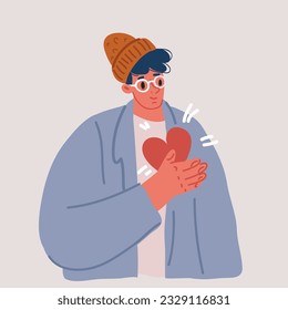 Dibujo vectorial del Hombre unió el rompecabezas del corazón rojo. Concepto de San Valentín.