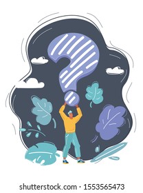 Cartoon vector illustration of man with question mark above him hands.
