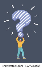 Cartoon vector illustration of a man with a question mark on dark background.