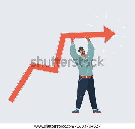 Cartoon vector illustration of man raises line graph up. Supporting, increase concept on white background.