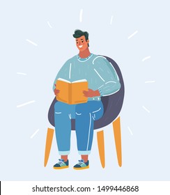 Cartoon vector illustration of man read sitting on chair. Human character on white background.