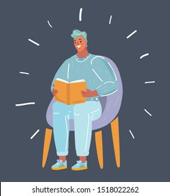 Cartoon vector illustration man reading book on dark background. Human character sitting in chair. Education concept.