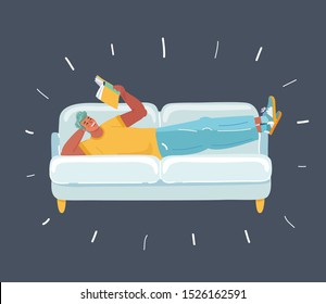 Cartoon vector illustration of man reading a book while he's lying on the couch. Human character on dark.