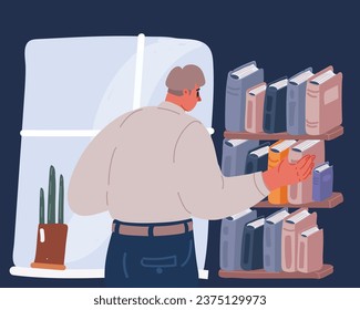 Cartoon vector illustration of Man reading a big book. World book reading or literacy day banner. Book market or fair concept. Online reading. College and university concept over dark backround