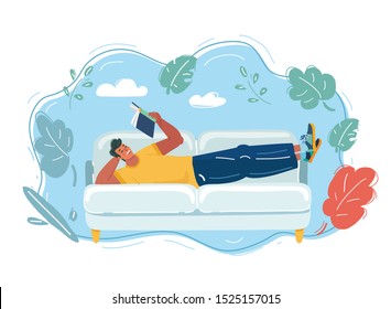Cartoon vector illustration of man reads a book in his room.
