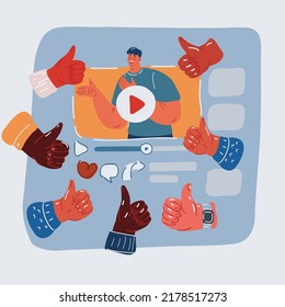 Cartoon vector illustration of Man recording a video. Blogger recording a video Male influencer. People like it. Thumb up hands
