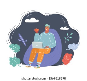 Cartoon vector illustration of Man relaxing on bean bag.