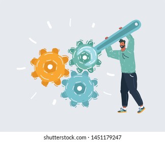 Cartoon vector illustration of man repair gears system with big wrench.