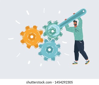 Cartoon vector illustration of man repair gears system with big wrench.