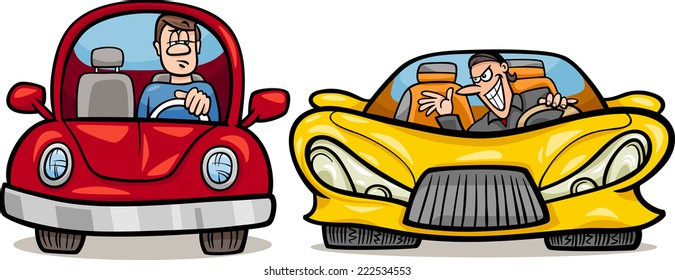Cartoon Vector Illustration of Man in Retro Automobile and Malicious Driver in Sports Car