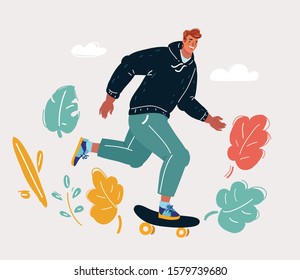 Cartoon vector illustration of man ride on skateboard.