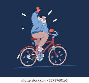 Dibujo vectorial de un hombre monta una bicicleta a lo largo del clima frío blanco de la calle sobre fondo oscuro