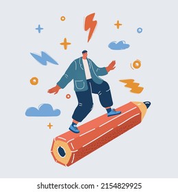 Cartoon vector illustration of of a man riding a big pencil. Looking for inspiration, imagination, visionary. oncept of Journalist, blogger, writer, artist, copywriter over dark backround.