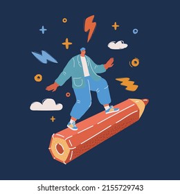 Cartoon vector illustration of man riding a pencil over dark backround.