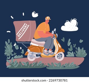 Cartoon vector illustration of man is riding a scooter. Delivery concept over dark backround