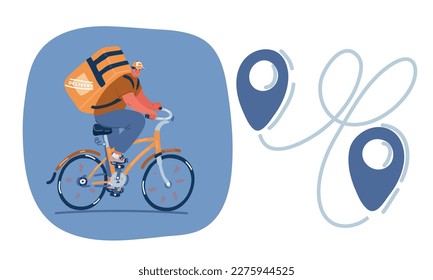 Cartoon vector illustration of man riding fast on Bike with a box, Eco alternative city transport. Mark route location. Delivery concept