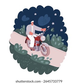 Cartoon vector illustration of man riding fast on motorcycle over dark background