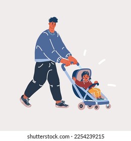 Cartoon vector illustration of man rolls a baby stroller
