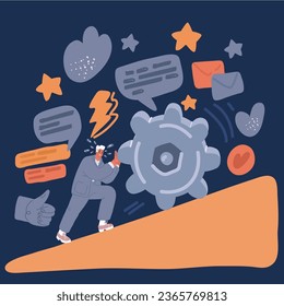 Cartoon vector illustration of Man rolls gear. Business cartoon concept over dark backround