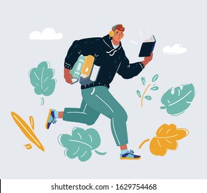 Cartoon vector illustration of man run with book in his hands. Education concept. Young man student with earphones. Reading and listening study. Self education. Late, assimilate information quickly.