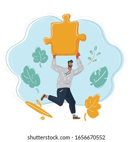 Cartoon vector illustration of man run with big puzzle in his hands.