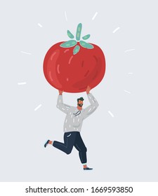 Cartoon vector illustration of man run with big giant tomato in his hands on white.