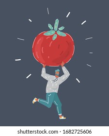 Dibujo vectorial de hombre corriendo con tomate sobre fondo oscuro.