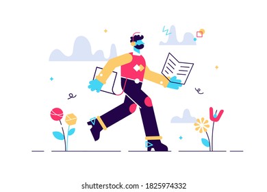 Cartoon vector illustration of man run with book in his hands. Education concept. Young man student with earphones. Reading and listening study. Self education. Late, assimilate information quickly.