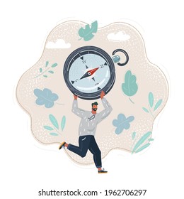 Cartoon vector illustration of man run with compass. Right directon concept.