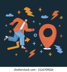 Cartoon vector illustration of man run to location over dark backround.