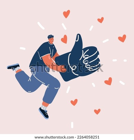 Cartoon vector illustration of man runing with thumbs up symbol in his hands and jumping