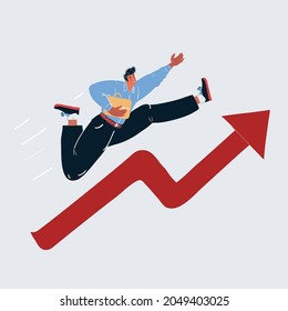 Cartoon vector illustration of Man running on growth graph on white