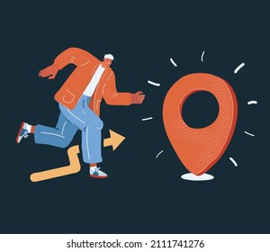 Cartoon vector illustration of man Running to location pin over dark background.