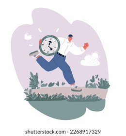Cartoon vector illustration of man running with clock. Hurrying concept
