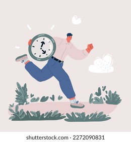 Dibujo vectorial de un hombre corriendo con el gran reloj en sus manos. Concepto de falta de tiempo. Corre muy ocupado.
